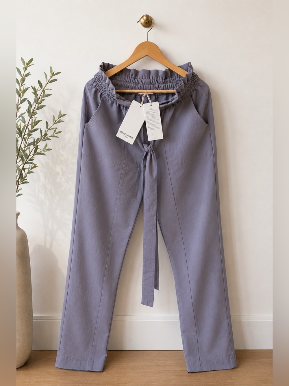 🌸 NWT Grace Karin Light Mauve Paper Bag High-Waisted Tie Waist Tapered Pants • L